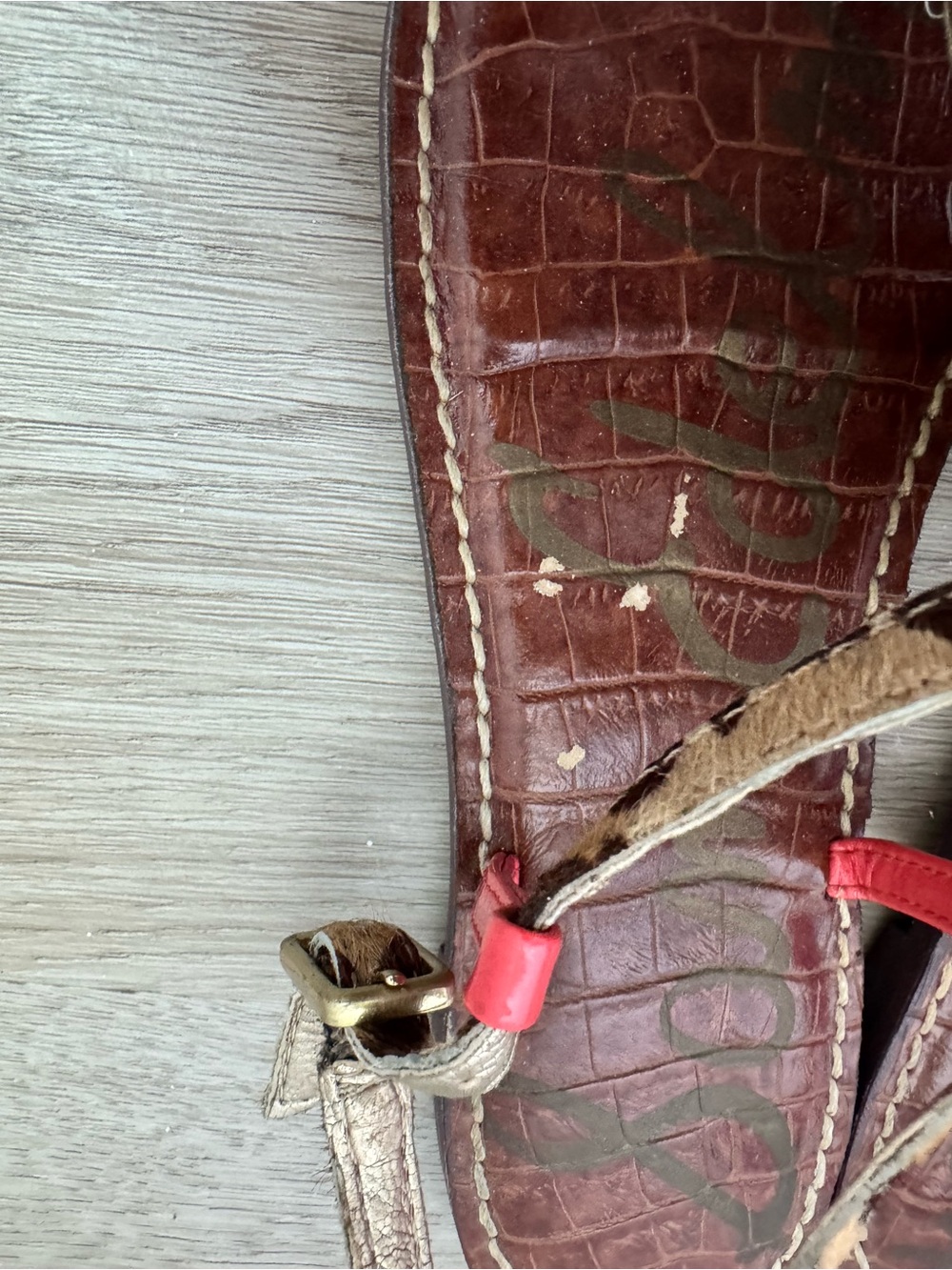 Sam Edelman Brown Croc-Embossed Sandals with Snake-Print Straps and Red Accent - Picture 2 of 4